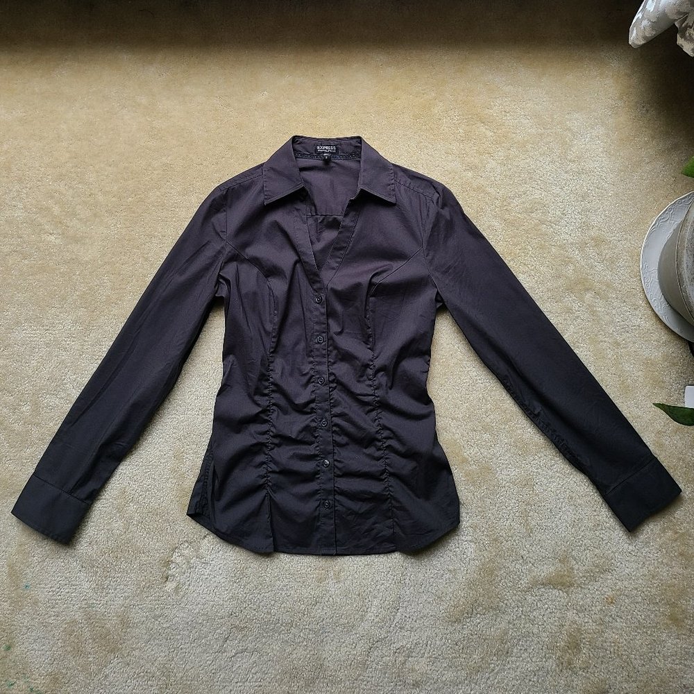 EUC Express Ruched Button Down Shirt Grey Size Small